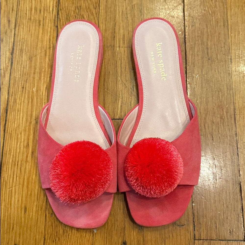 Kate Spade Vibrant Pink Pom Flat Suede Pom Slides 8.5